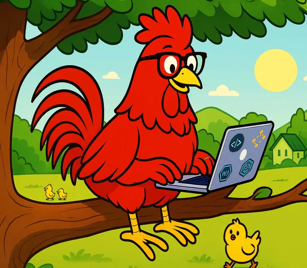 3-W3Rooster On-the-tree-working-with-laptop