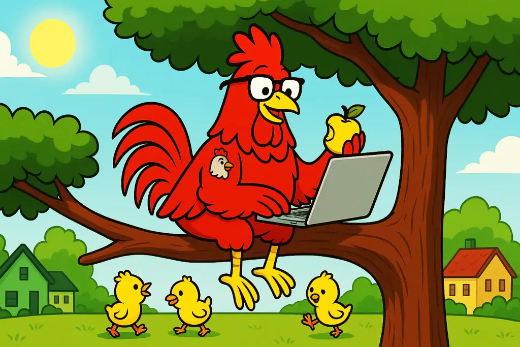 W3Rooster eats apple on the branch of tree in the village