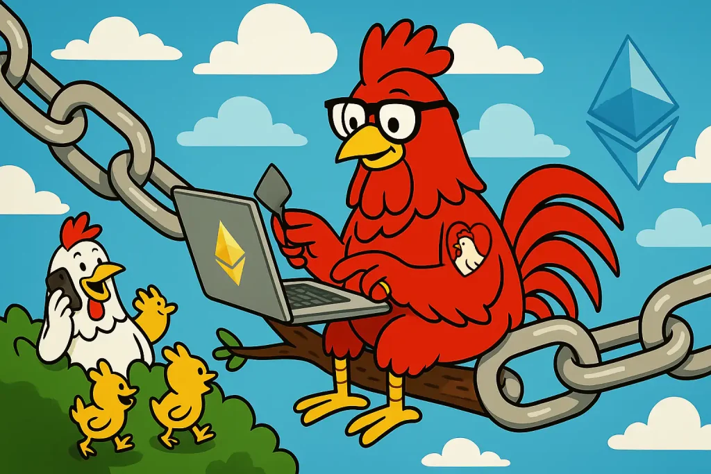 W3Rooster is sitting on the ETH blockchain working with laptop