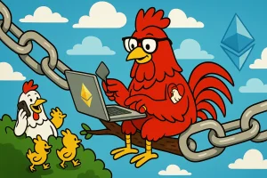 W3Rooster is sitting on the ETH blockchain working with laptop