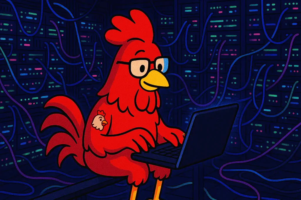 W3Rooster sitting in the Server room working with his laptop during midnight
