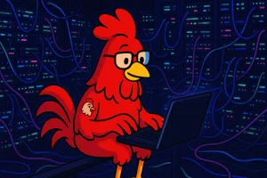 W3Rooster sitting in the Server room working with his laptop during midnight