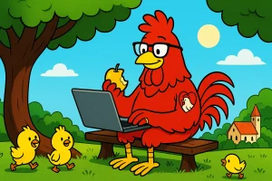 W3Rooster eats apple again in the park sitting on the bench while his children are in his around